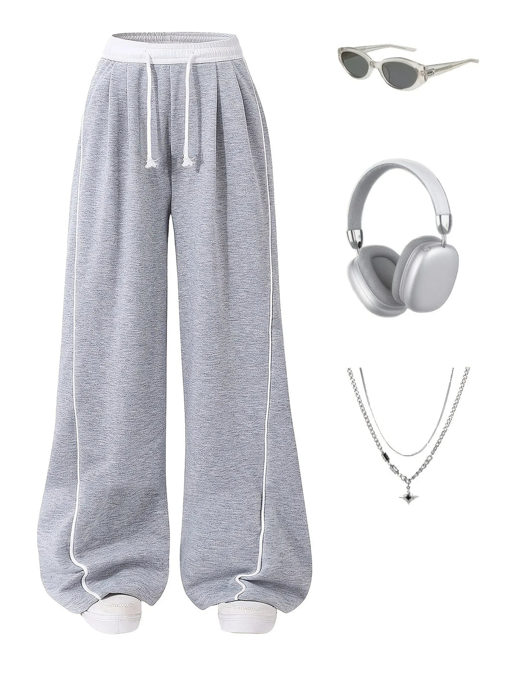 Kids Girls Contrast Line Drawstring Waist Baggy Wide Leg Heather Gray Casual Sport Sweatpants
