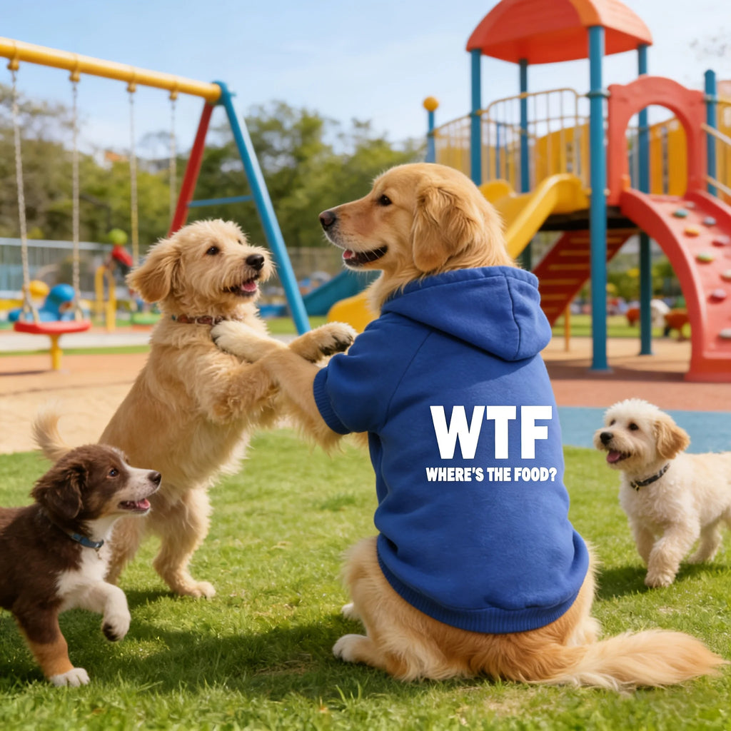 This New Pet Hoodie Features A 'WHERE'S THE FOOD?' Print, Designed Specifically for Medium To Large Dogs