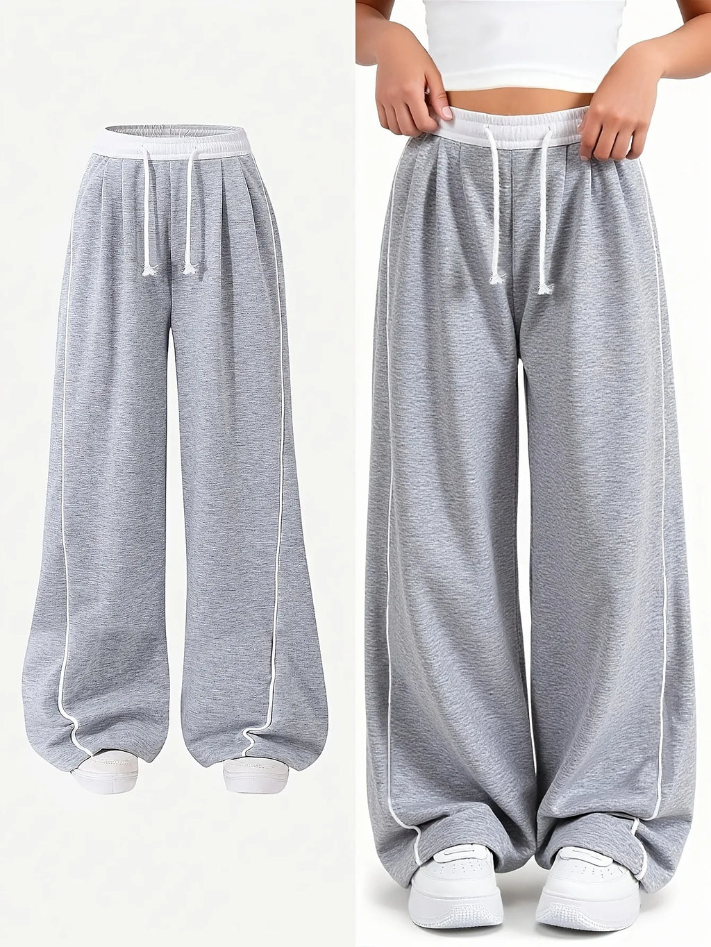 Kids Girls Contrast Line Drawstring Waist Baggy Wide Leg Heather Gray Casual Sport Sweatpants