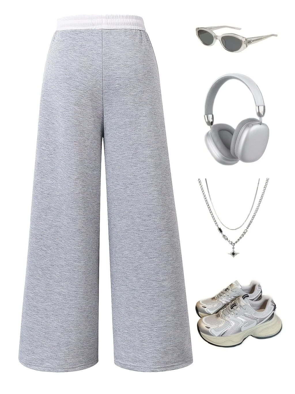 Kids Girls Contrast Line Drawstring Waist Baggy Wide Leg Heather Gray Casual Sport Sweatpants