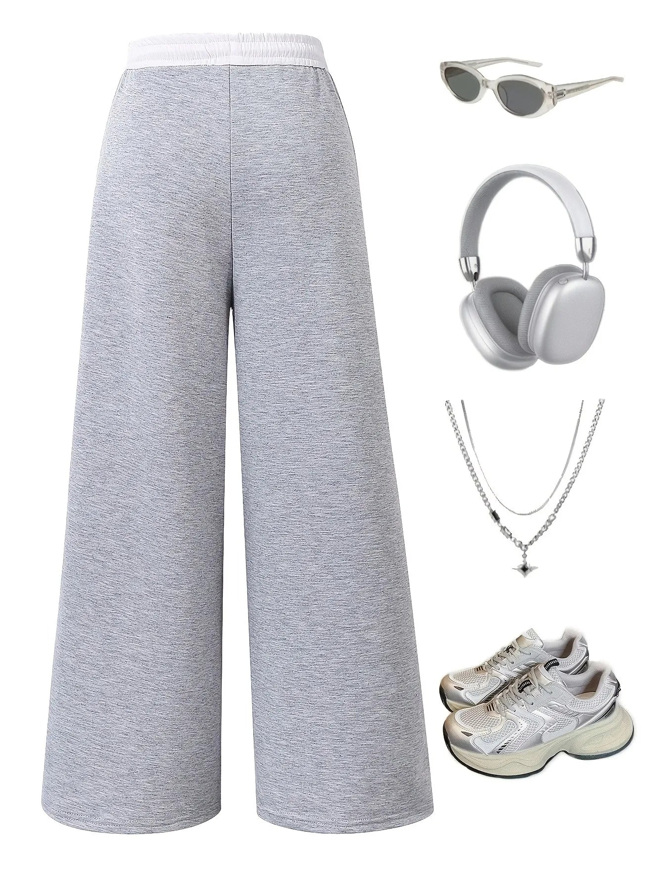 Kids Girls Contrast Line Drawstring Waist Baggy Wide Leg Heather Gray Casual Sport Sweatpants